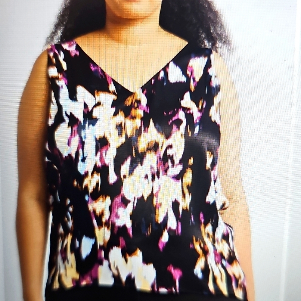 NWT Nordstrom Double V-Neck Satin Tank Blk/Pink Lotus Blur 1X